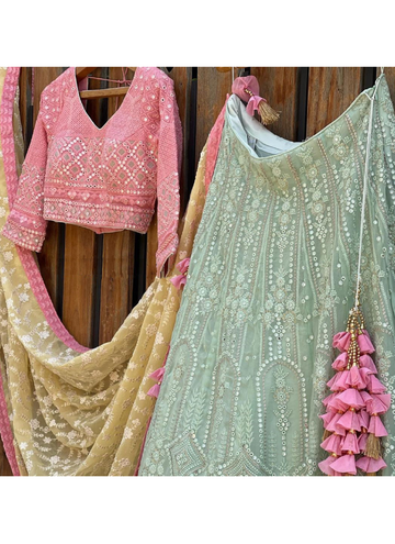 Incredible Georgette Sequence Work Pista Green Lehenga Choli